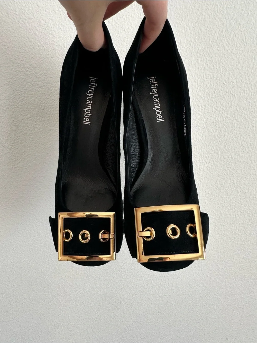 Jeffrey Campbell Black Suede Pumps Gold Buckle Accent Classy Size 5